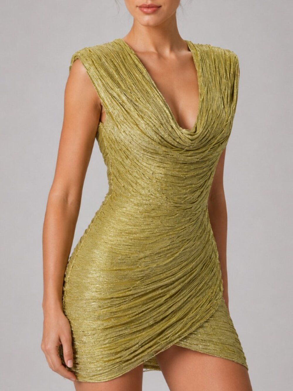 Gold Metallic Fringe Cowl V Neck Sleeveless Ruched Bodycon Mini Dress